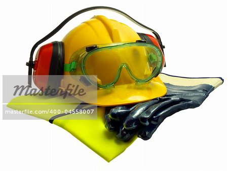 Hard hat, ear defenders, goggles, vest and protective gloves, isolated on white