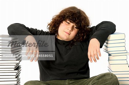 boy unhappy and many books on white background