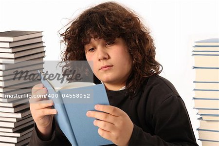 boy reading a book and many books on white background