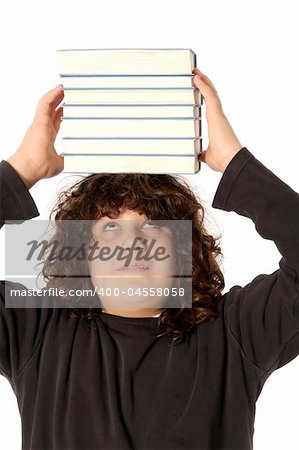 boy with books on head on white background