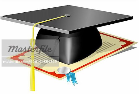 Graduation Mortar Board and diploma with seal and ribbon