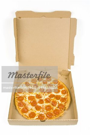 whole pepperoni pizza in a box isolated on a white background