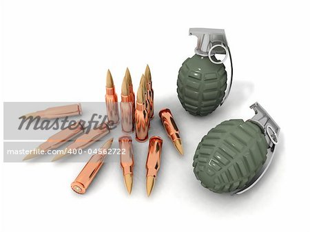 some bullets and hand grenades on a white background