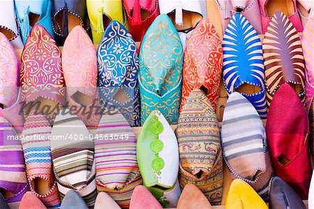 Colorful arabic shoes alignment in a shop