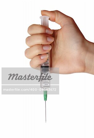 Hand holding syringe.Ioslated on white background.