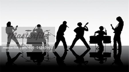 Rock band. Silhouettes of six musicians. Vector illustration.