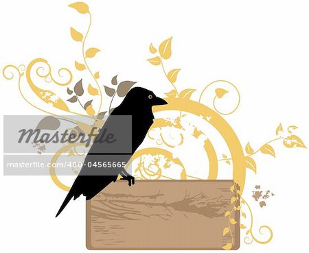 Banner - crow on top of old wooden board with copy-space for text
