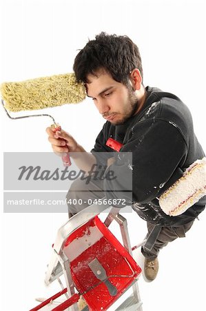 house painter thinking with paint roller on white background