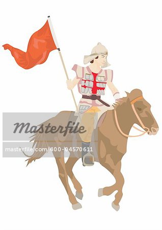 The horseman on a horse with a flag.