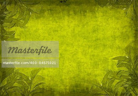 Grunge background - a sheet of the old paper  with green leaves