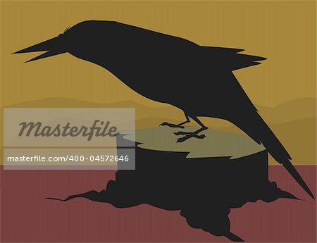 Illustration of a crow sitting on top of a wood
