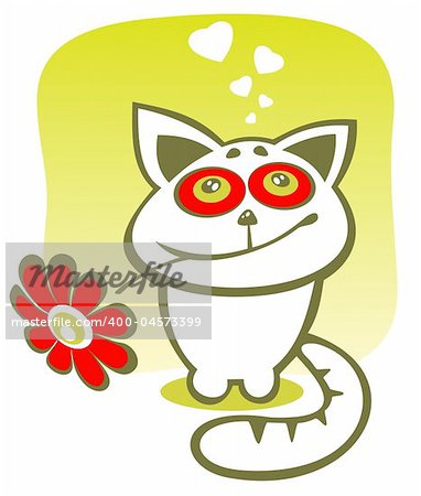 Stylized  happy cat with flower on a green background. Valentines illustration.