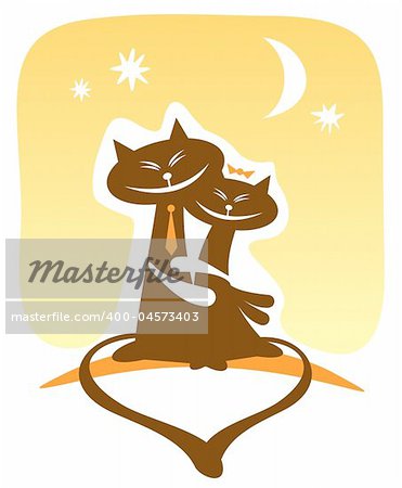 Two enamored happy cats on a yellow background. Valentines illustration.