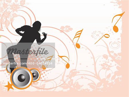 dancing male on musical and floral elements, banner