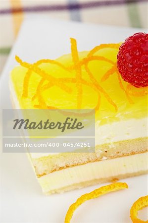 Delicious lemon cake with soft shadow on white dish. Shallow depth of field