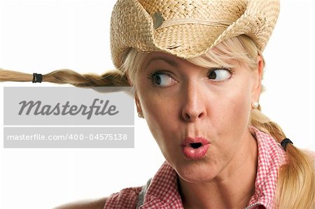 Attractive Blond with Cowboy Hat Isolated on a White Background.