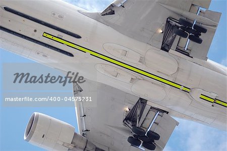 undercarriage close-up of a large jet aircraft