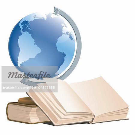Illustration of books and globe on a white background.