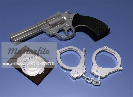 Illustration of a police gun, badge and pair of handcuffs on a blue background