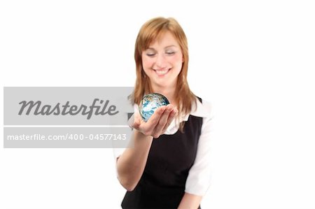 Studio lite shot of a business woman with a globe in her habd