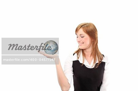 Studio lite shot of a business woman with a globe in her habd