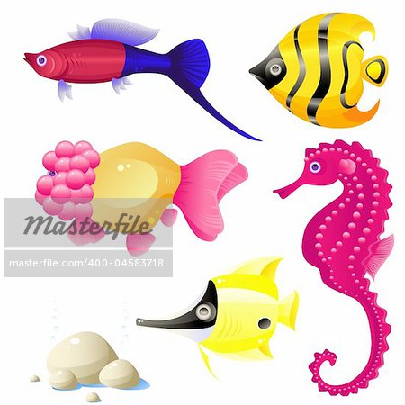 Set of tropical fish, stones, bubbles, vector, isolated on white, eps 8 format