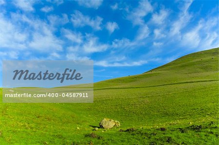 Landscape showing green grass and blue sky with clouds.