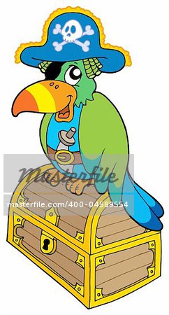 Pirate parrot sitting on chest -  vector illustration.