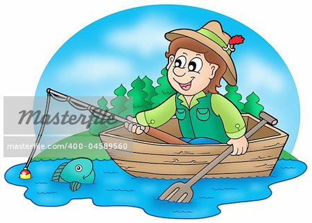 Fisherman in boat with trees - color illustration.