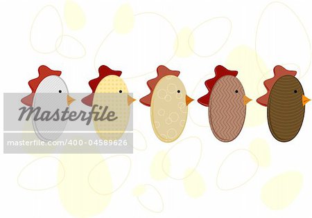 various patterned chickens in egg shapes