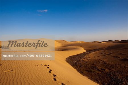 footprints on desert dunes under blue sky