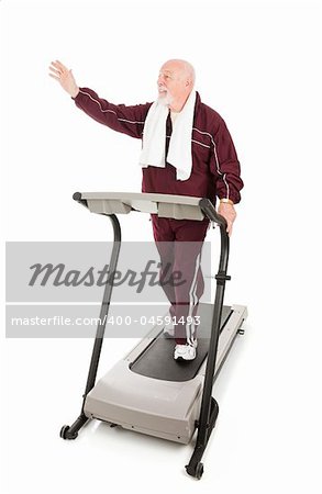 Senior man on the treadmill waves to a friend at the gym.  Isolated on white.