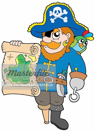 Pirate with treasure map - vector illustration.