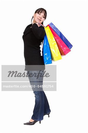 happy woman with shopping bags. over white background