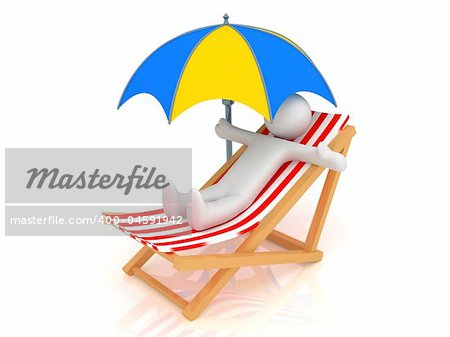 3d render of chaise longue, person and umbrella.