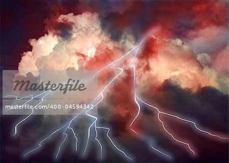 Lightning on clouds sky. Combine photo and raster illustration.