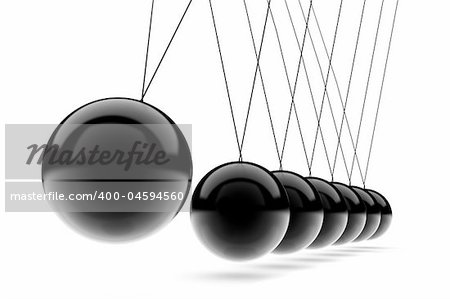 3D render of Newton's cradle on white background.