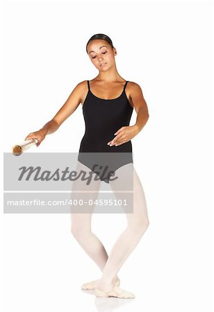 Young caucasian ballerina girl on white background and reflective white floor showing various ballet steps and positions. Demi Plie in Fourt Position. Not Isolated.