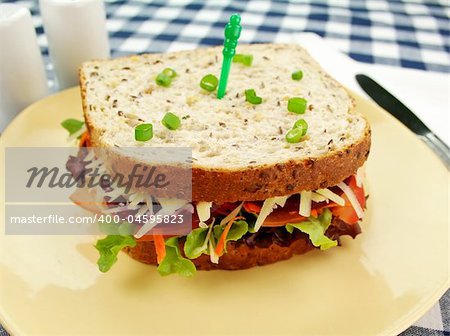 Large freshly made salad sandwich ready to serve.