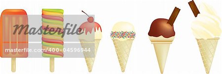Vector illustration of a set of ice creams and lolly