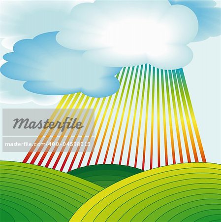 rural landscape with rainbow stripes and clouds