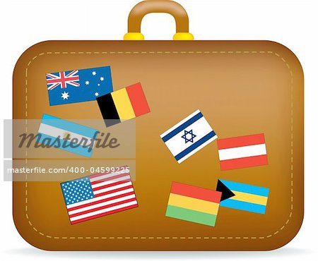Vector illustration of a brown suitcase covered in travel stickers, flags.