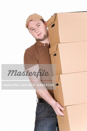 delivery man with package. over white background