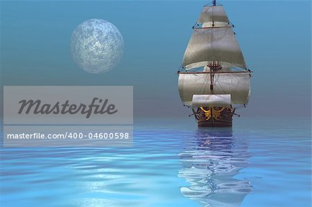 Fantasy seascape of a ship and the moon.
