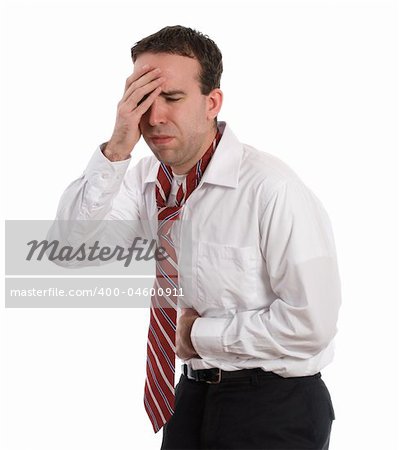 A man wearing a shirt and tie is feeling sick with the flu and running a fever