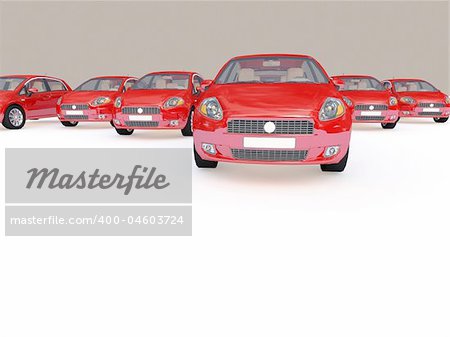 3d illustration of modern red cars on white plane