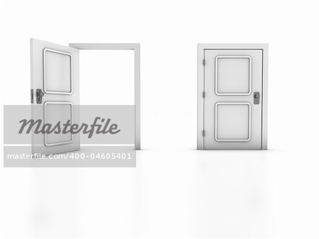 3D render of two doors isolated on white background. Concept: Choice, Exit.
