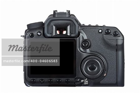 Rear view of digital slr camera isolated on white background. Shallow depth of field