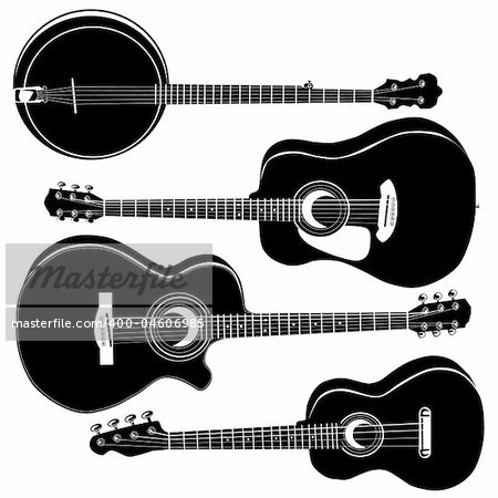 Acoustic guitars and banjo in detailed vector silhouette.  Set includes a variety of body styles for any type of music.