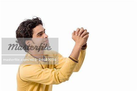 Man on white background making request in sitting position